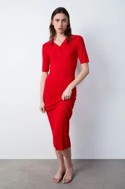 ETAM Vestidos Largos|Vestidos Lisos|Vestido largo con cuello polo CARDINAL