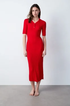 ETAM Vestidos Largos|Vestidos Lisos|Vestido largo con cuello polo CARDINAL
