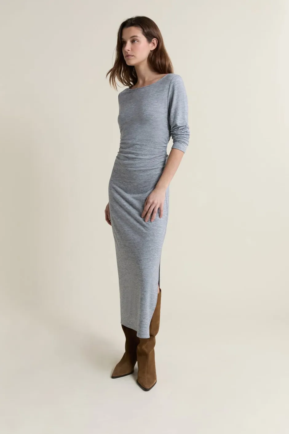 ETAM Vestidos Largos|Vestidos Lisos|Vestido largo con cuello barco GRIS