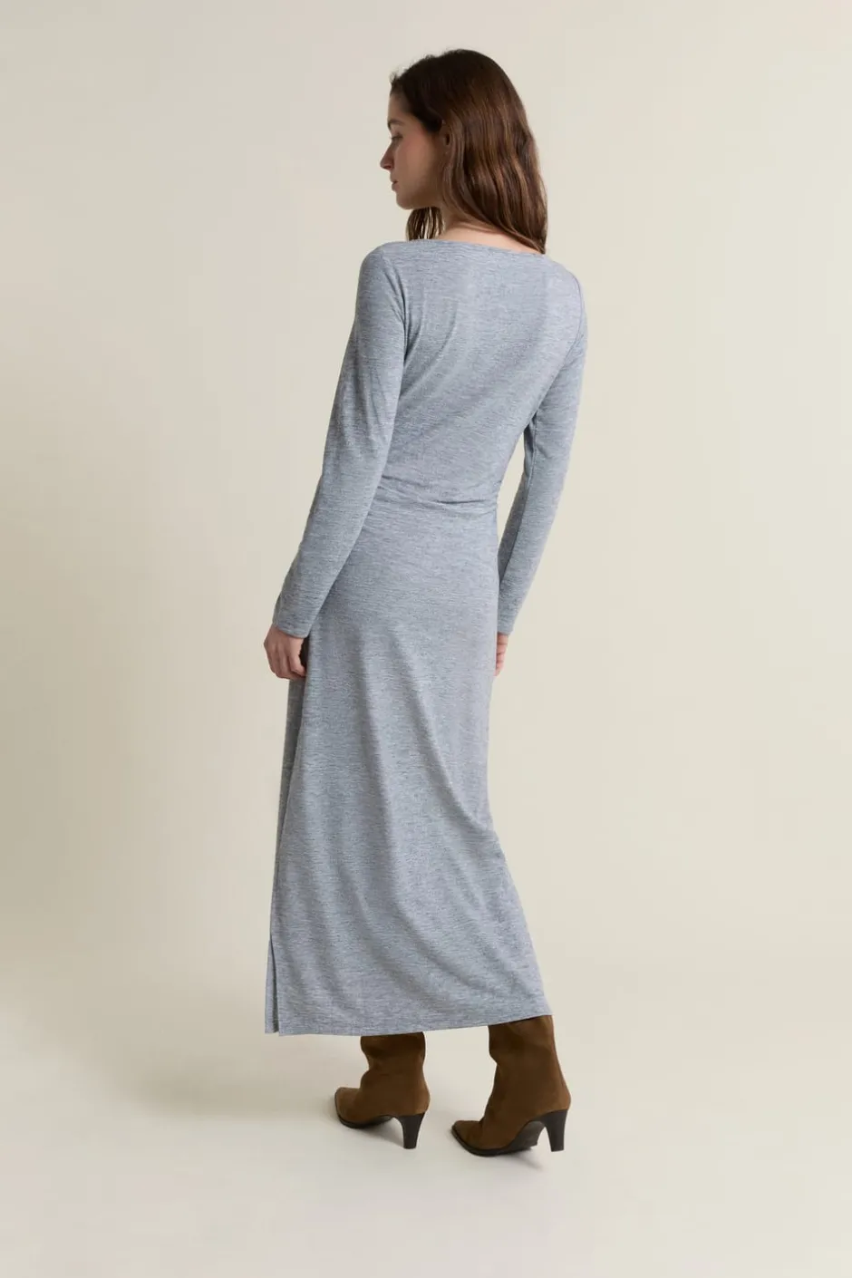 ETAM Vestidos Largos|Vestidos Lisos|Vestido largo con cuello barco GRIS