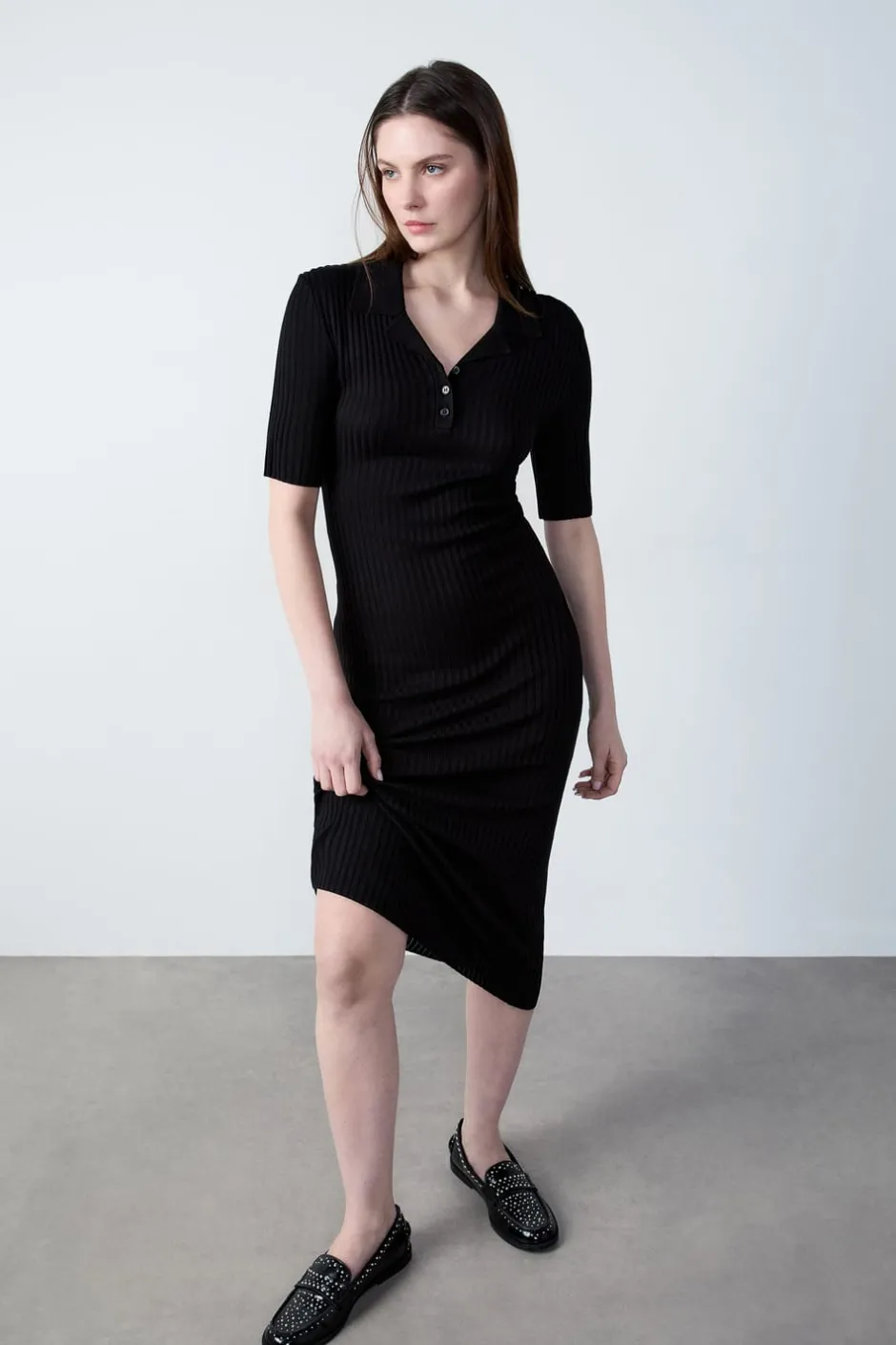 ETAM Vestidos Largos|Vestidos Lisos|Vestido largo de punto, manga corta NEGRO