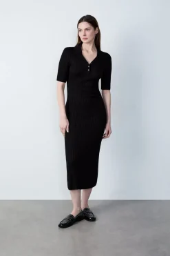 ETAM Vestidos Largos|Vestidos Lisos|Vestido largo de punto, manga corta NEGRO