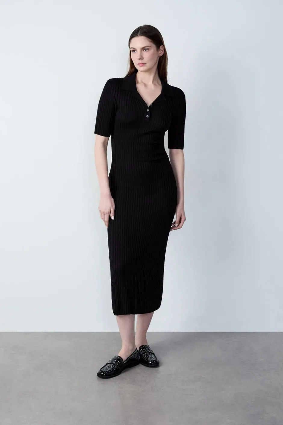 ETAM Vestidos Largos|Vestidos Lisos|Vestido largo de punto, manga corta NEGRO