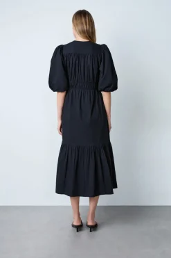 ETAM Vestidos Largos|Vestidos Lisos|Vestido midi de algodón con mangas abullonadas NEGRO