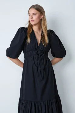 ETAM Vestidos Largos|Vestidos Lisos|Vestido midi de algodón con mangas abullonadas NEGRO