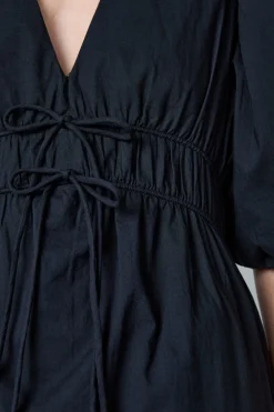 ETAM Vestidos Largos|Vestidos Lisos|Vestido midi de algodón con mangas abullonadas NEGRO